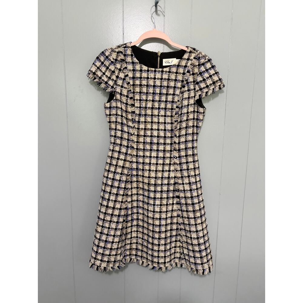 Eliza J Cream Purple Plaid Tweed Cap Sleeves Preppy Classic A-line Dress 4P